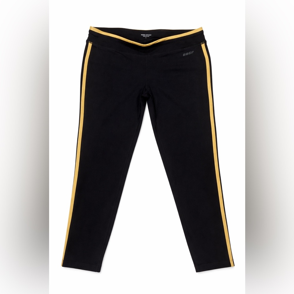 bebe Black Leggings with Gold Side Stripes